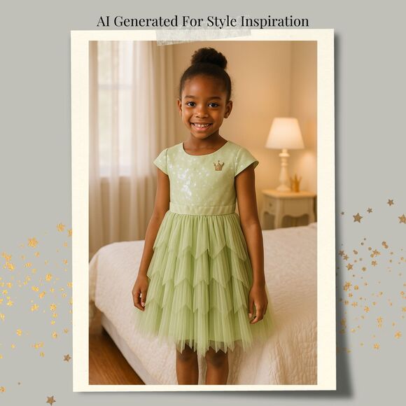 Disney Princess Tiana Girls Dress Sz 9/10 Green Tiered Sequins Fairycore Tulle - Picture 3 of 14